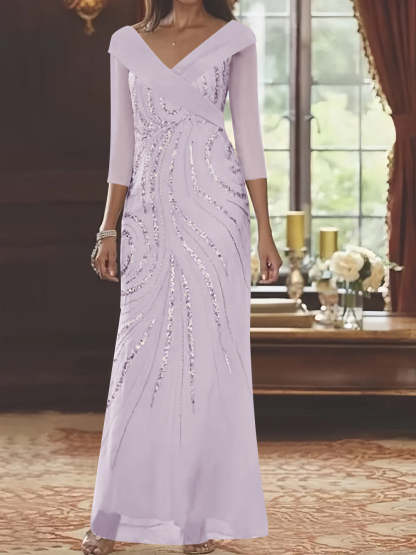 V-Neck 3/4 Sleeve Floor-Length Sequined Mother of the Bride Sheath Dress-BMbridal