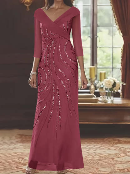 V-Neck 3/4 Sleeve Floor-Length Sequined Mother of the Bride Sheath Dress-BMbridal