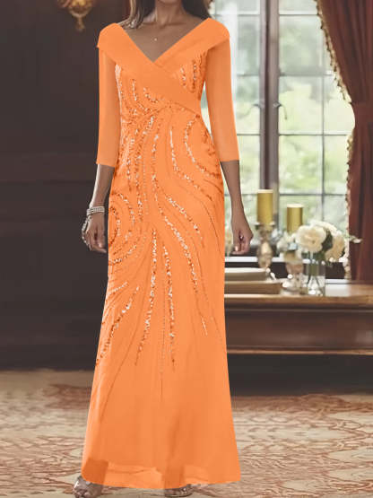 V-Neck 3/4 Sleeve Floor-Length Sequined Mother of the Bride Sheath Dress-BMbridal