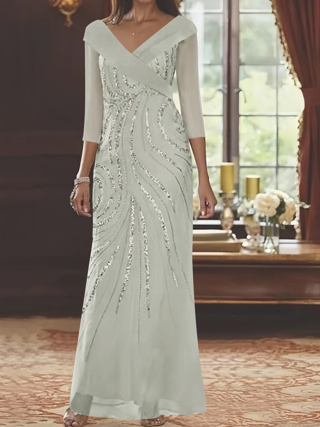 V-Neck 3/4 Sleeve Floor-Length Sequined Mother of the Bride Sheath Dress-BMbridal