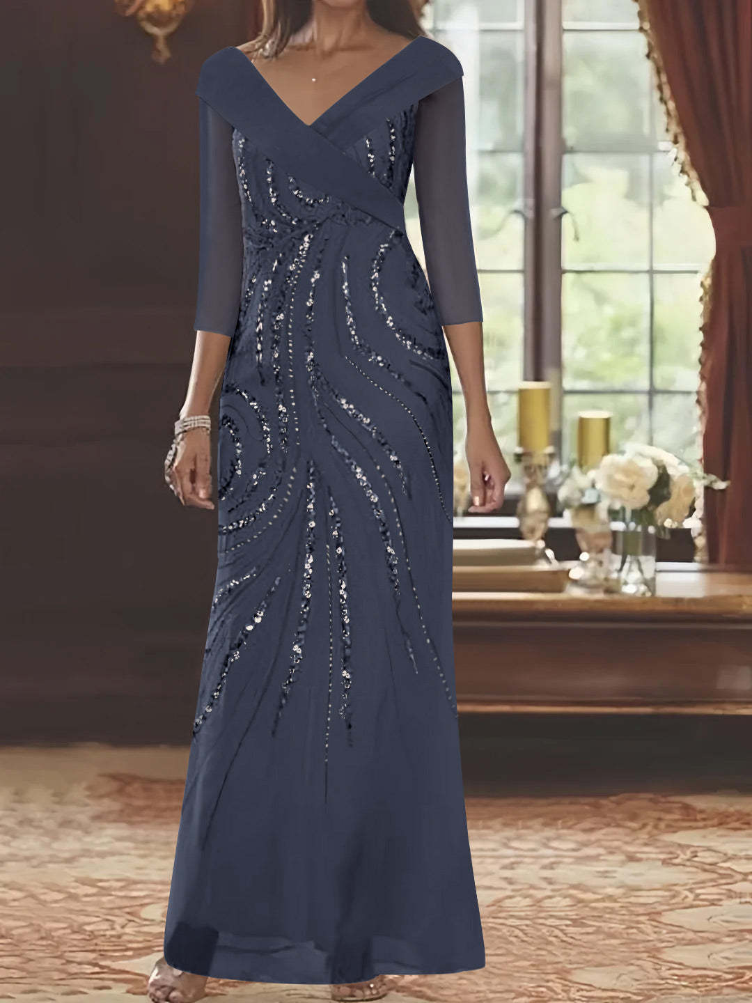 V-Neck 3/4 Sleeve Floor-Length Sequined Mother of the Bride Sheath Dress-BMbridal