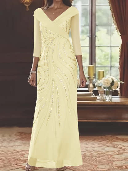 V-Neck 3/4 Sleeve Floor-Length Sequined Mother of the Bride Sheath Dress-BMbridal