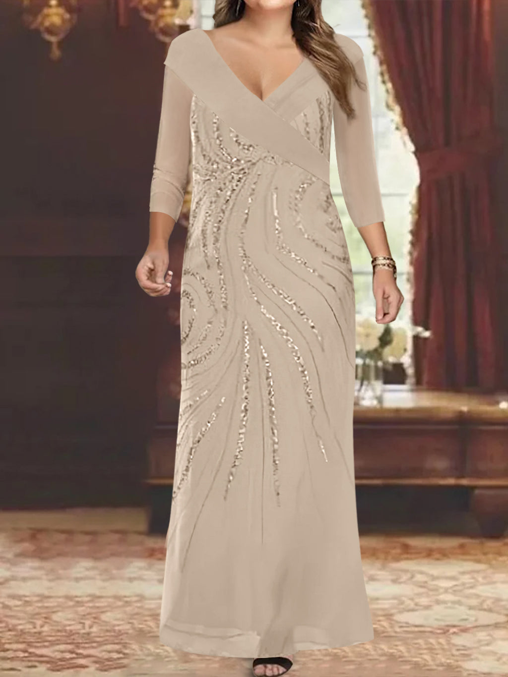 V-Neck 3/4 Sleeve Floor-Length Sequined Mother of the Bride Sheath Dress-BMbridal