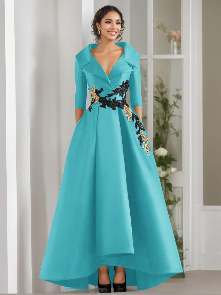 V-Neck A-Line Princess Floor-Length Mother of the Bride Dress with 3/4 Sleeves Appliques and Beading-BMbridal