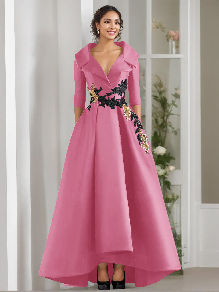 V-Neck A-Line Princess Floor-Length Mother of the Bride Dress with 3/4 Sleeves Appliques and Beading-BMbridal