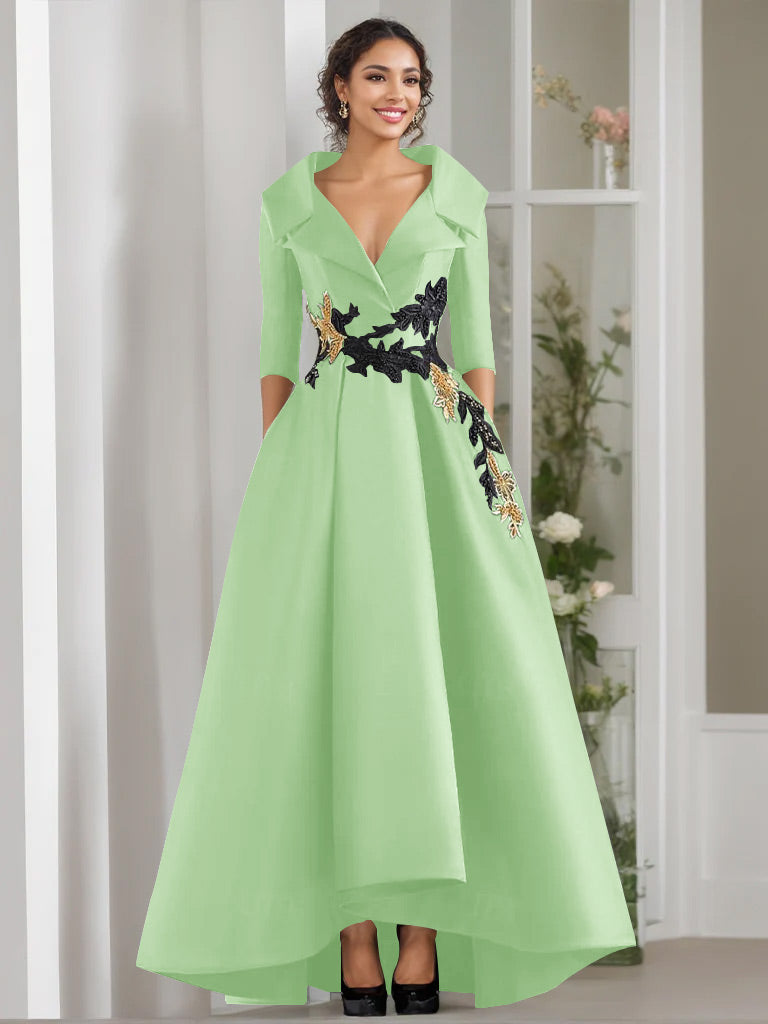 V-Neck A-Line Princess Floor-Length Mother of the Bride Dress with 3/4 Sleeves Appliques and Beading-BMbridal