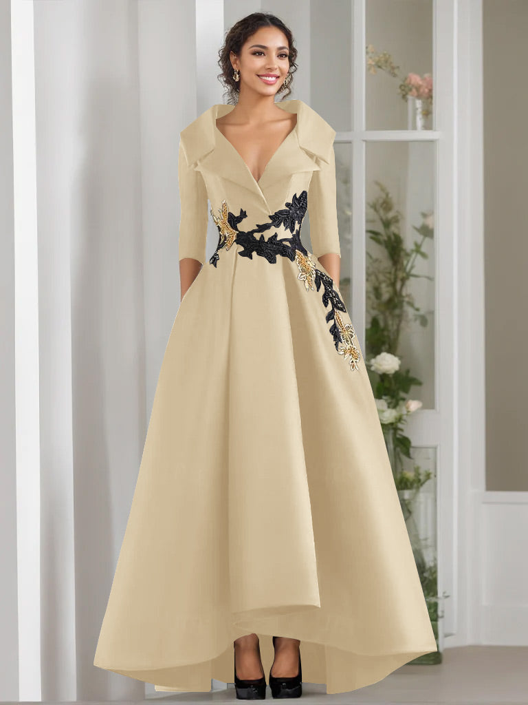 V-Neck A-Line Princess Floor-Length Mother of the Bride Dress with 3/4 Sleeves Appliques and Beading-BMbridal