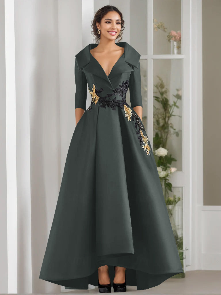 V-Neck A-Line Princess Floor-Length Mother of the Bride Dress with 3/4 Sleeves Appliques and Beading-BMbridal