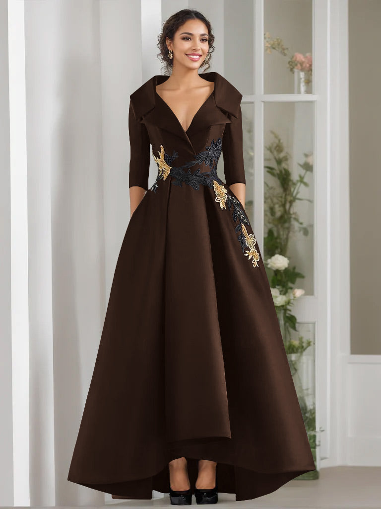V-Neck A-Line Princess Floor-Length Mother of the Bride Dress with 3/4 Sleeves Appliques and Beading-BMbridal