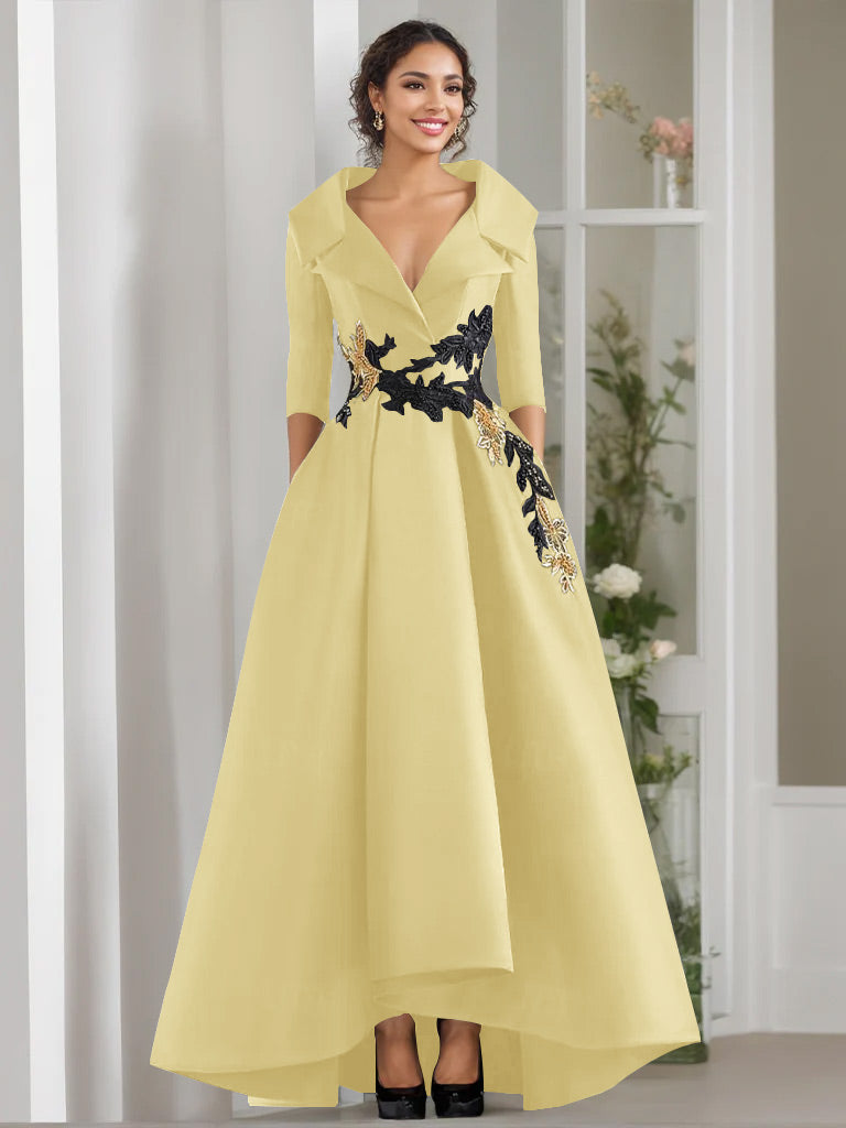 V-Neck A-Line Princess Floor-Length Mother of the Bride Dress with 3/4 Sleeves Appliques and Beading-BMbridal
