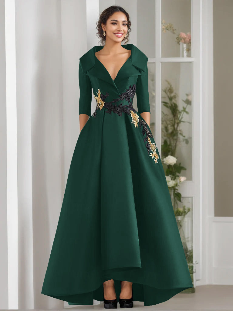 V-Neck A-Line Princess Floor-Length Mother of the Bride Dress with 3/4 Sleeves Appliques and Beading-BMbridal