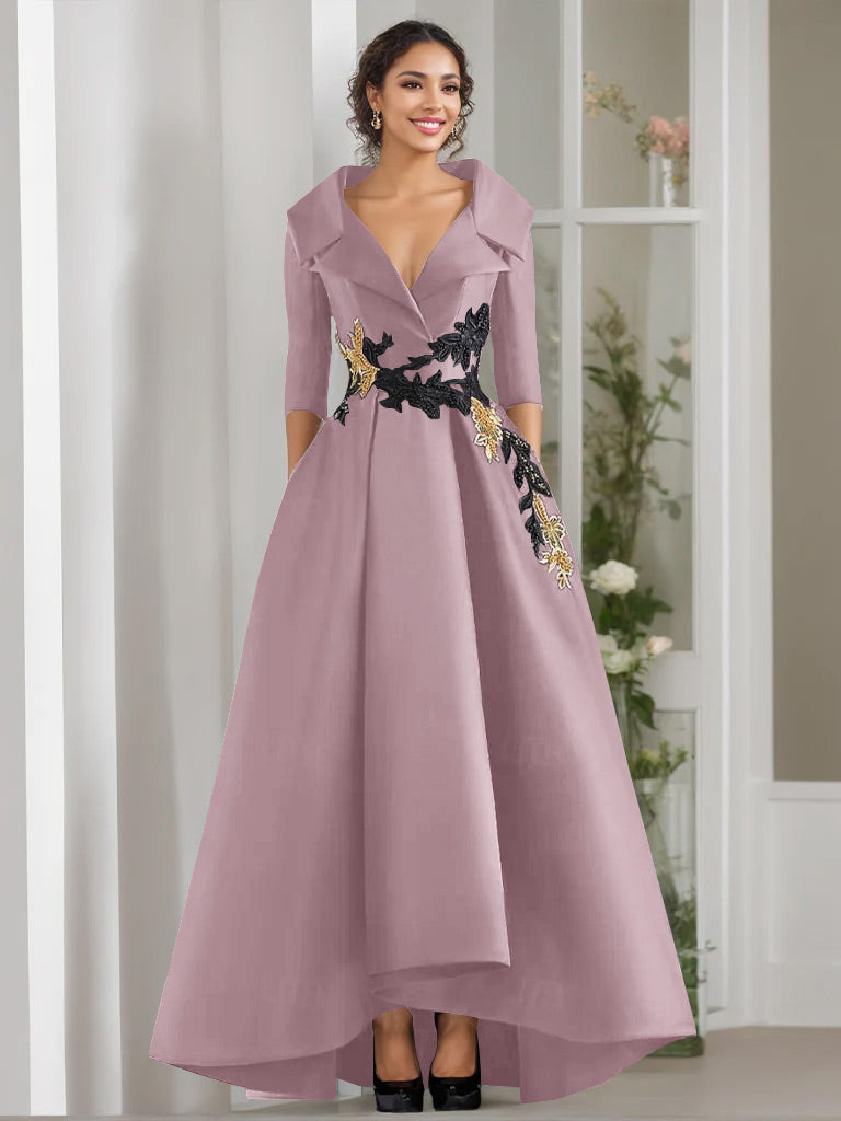 V-Neck A-Line Princess Floor-Length Mother of the Bride Dress with 3/4 Sleeves Appliques and Beading-BMbridal