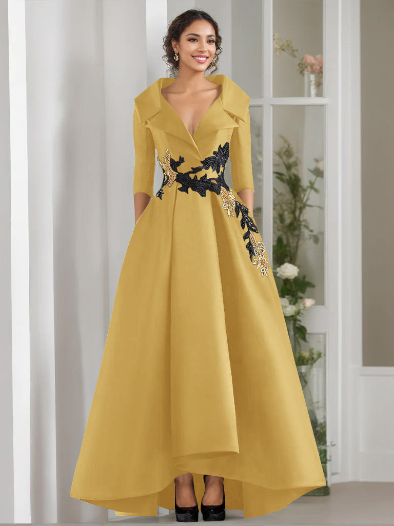 V-Neck A-Line Princess Floor-Length Mother of the Bride Dress with 3/4 Sleeves Appliques and Beading-BMbridal