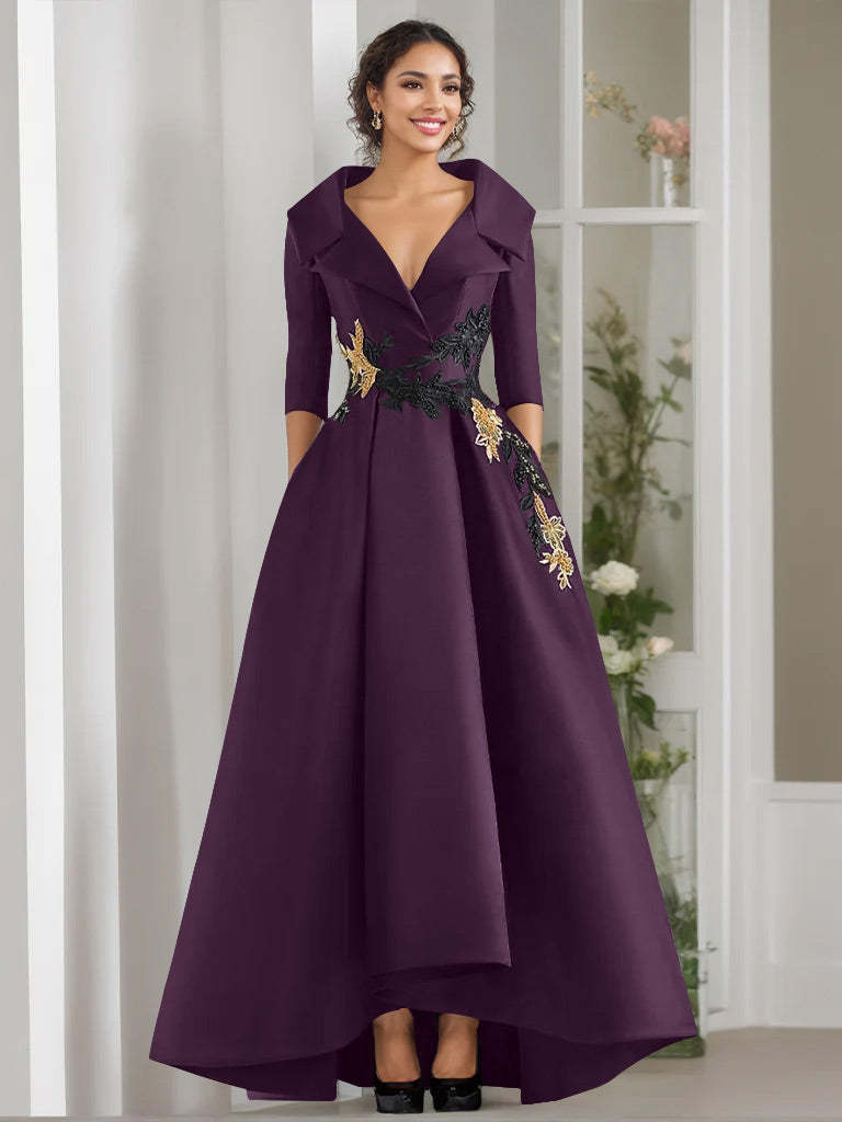 V-Neck A-Line Princess Floor-Length Mother of the Bride Dress with 3/4 Sleeves Appliques and Beading-BMbridal