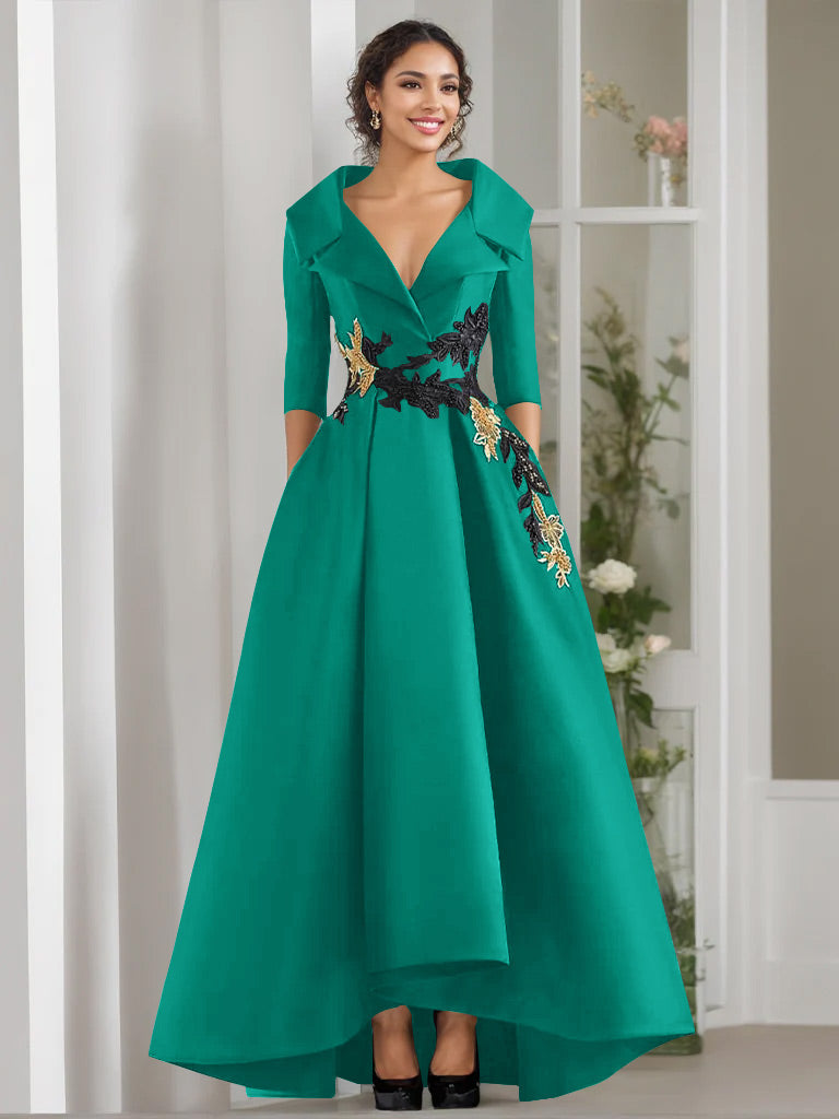 V-Neck A-Line Princess Floor-Length Mother of the Bride Dress with 3/4 Sleeves Appliques and Beading-BMbridal
