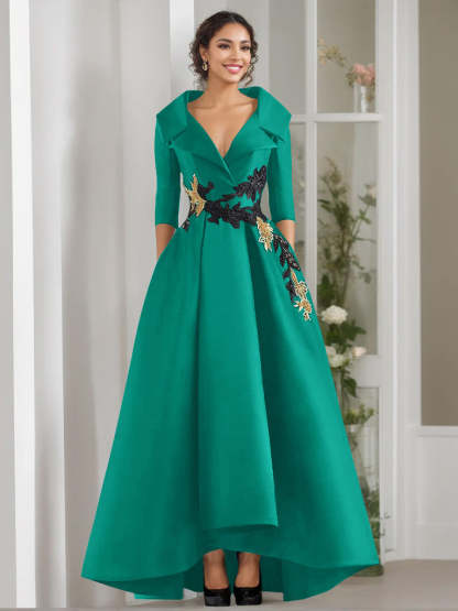 V-Neck A-Line Princess Floor-Length Mother of the Bride Dress with 3/4 Sleeves Appliques and Beading-BMbridal