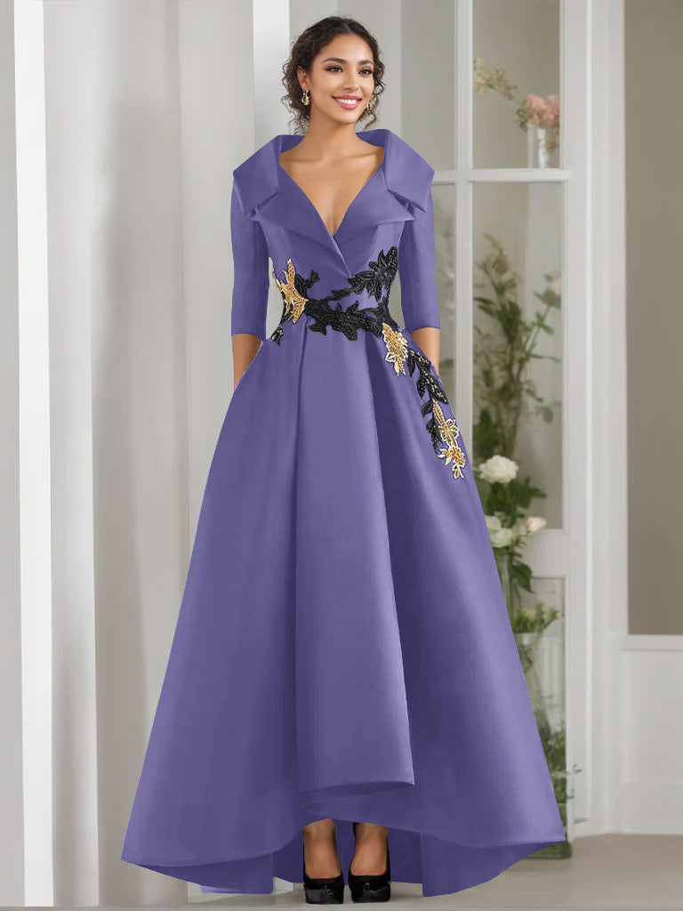 V-Neck A-Line Princess Floor-Length Mother of the Bride Dress with 3/4 Sleeves Appliques and Beading-BMbridal
