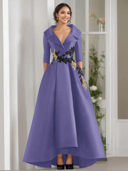 V-Neck A-Line Princess Floor-Length Mother of the Bride Dress with 3/4 Sleeves Appliques and Beading-BMbridal