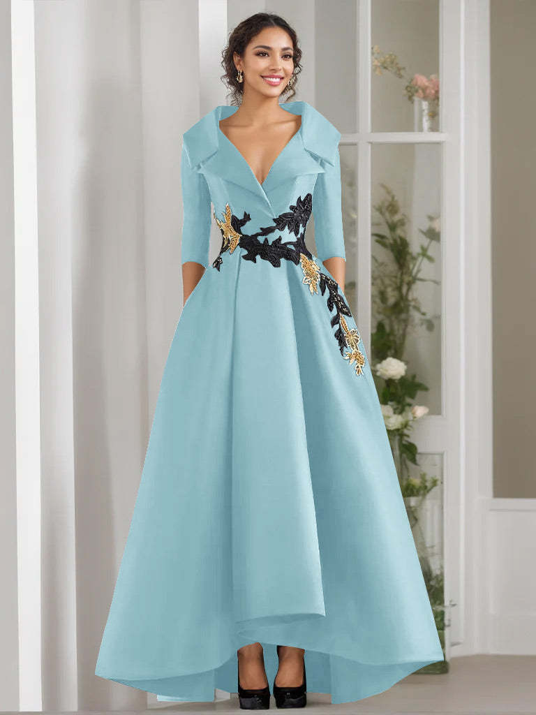 V-Neck A-Line Princess Floor-Length Mother of the Bride Dress with 3/4 Sleeves Appliques and Beading-BMbridal
