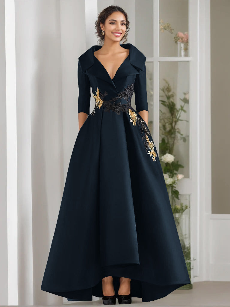 V-Neck A-Line Princess Floor-Length Mother of the Bride Dress with 3/4 Sleeves Appliques and Beading-BMbridal