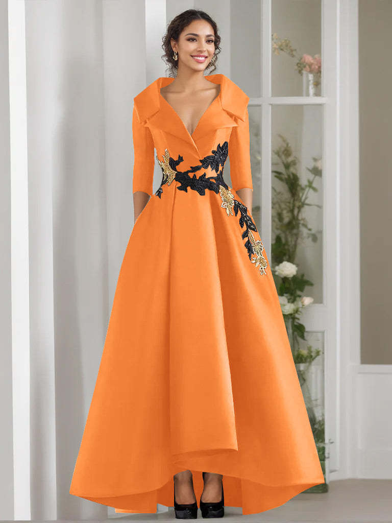 V-Neck A-Line Princess Floor-Length Mother of the Bride Dress with 3/4 Sleeves Appliques and Beading-BMbridal