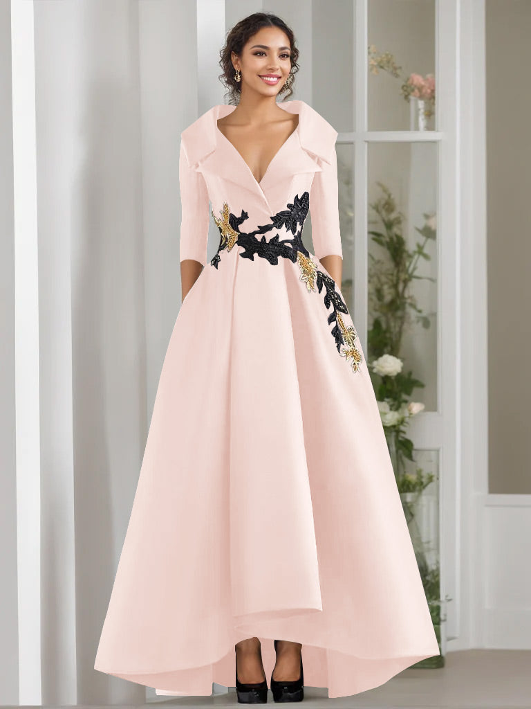V-Neck A-Line Princess Floor-Length Mother of the Bride Dress with 3/4 Sleeves Appliques and Beading-BMbridal