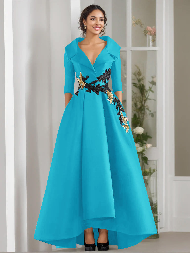 V-Neck A-Line Princess Floor-Length Mother of the Bride Dress with 3/4 Sleeves Appliques and Beading-BMbridal