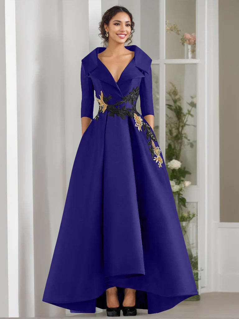 V-Neck A-Line Princess Floor-Length Mother of the Bride Dress with 3/4 Sleeves Appliques and Beading-BMbridal
