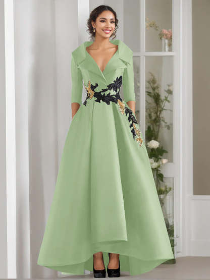 V-Neck A-Line Princess Floor-Length Mother of the Bride Dress with 3/4 Sleeves Appliques and Beading-BMbridal