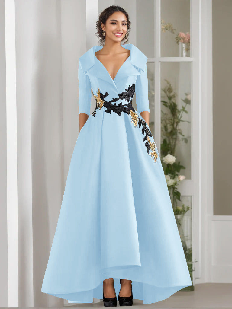 V-Neck A-Line Princess Floor-Length Mother of the Bride Dress with 3/4 Sleeves Appliques and Beading-BMbridal