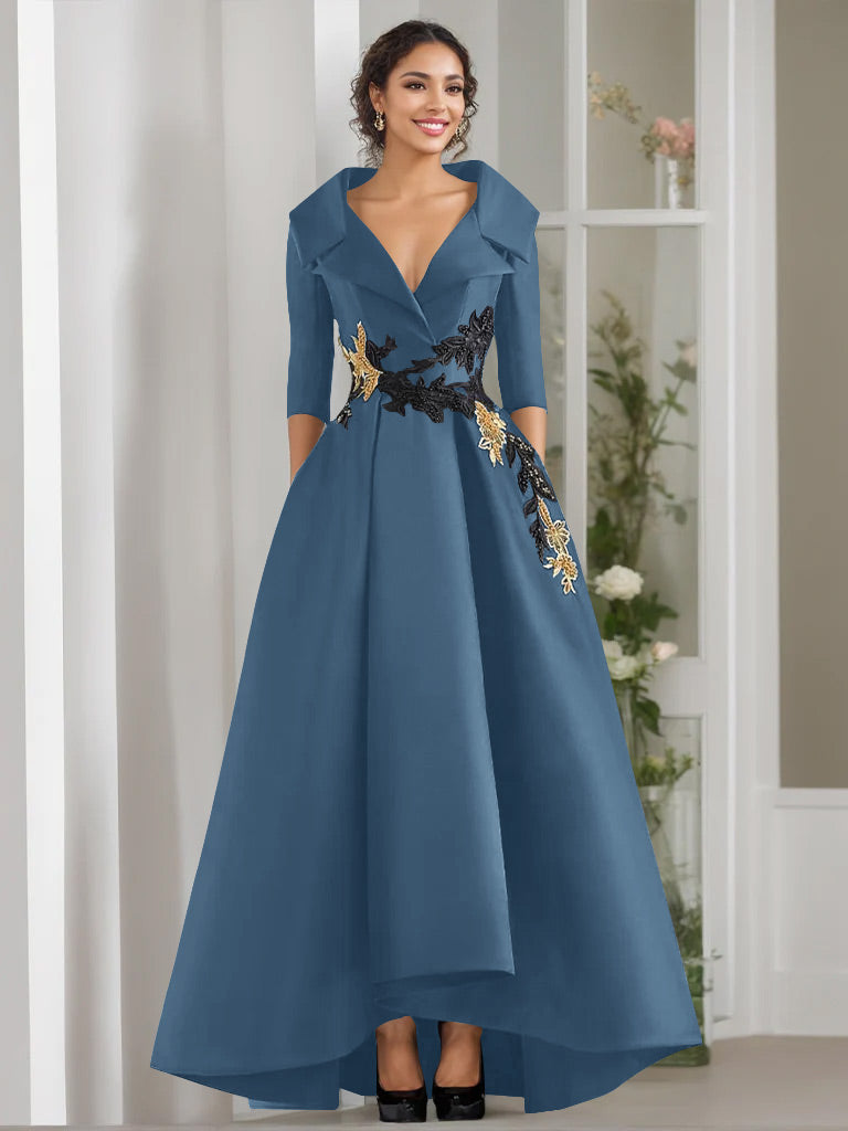 V-Neck A-Line Princess Floor-Length Mother of the Bride Dress with 3/4 Sleeves Appliques and Beading-BMbridal