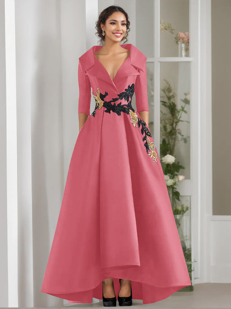 V-Neck A-Line Princess Floor-Length Mother of the Bride Dress with 3/4 Sleeves Appliques and Beading-BMbridal