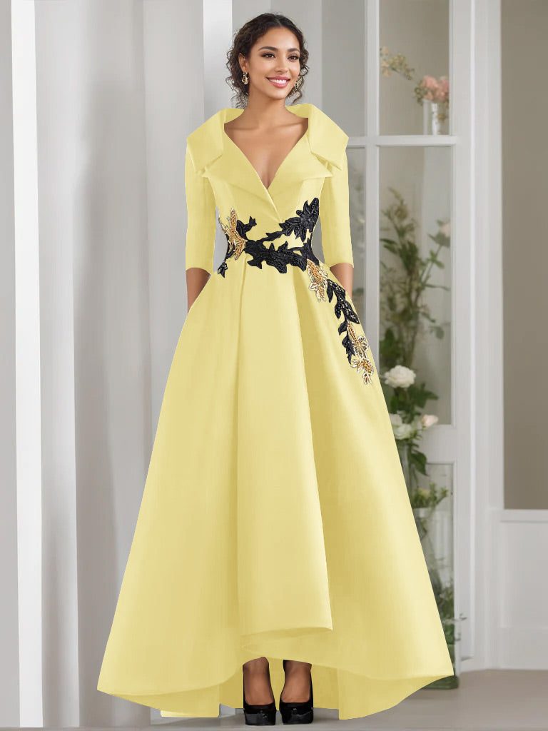 V-Neck A-Line Princess Floor-Length Mother of the Bride Dress with 3/4 Sleeves Appliques and Beading-BMbridal