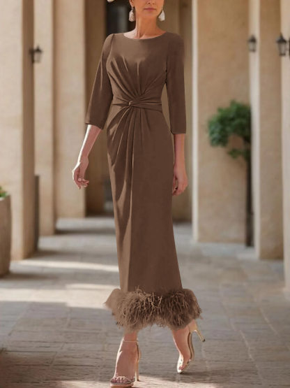 Elegant Feather-Adorned Scoop Neck Ankle-Length Dress for Mothers of the Bride & Groom-BMbridal