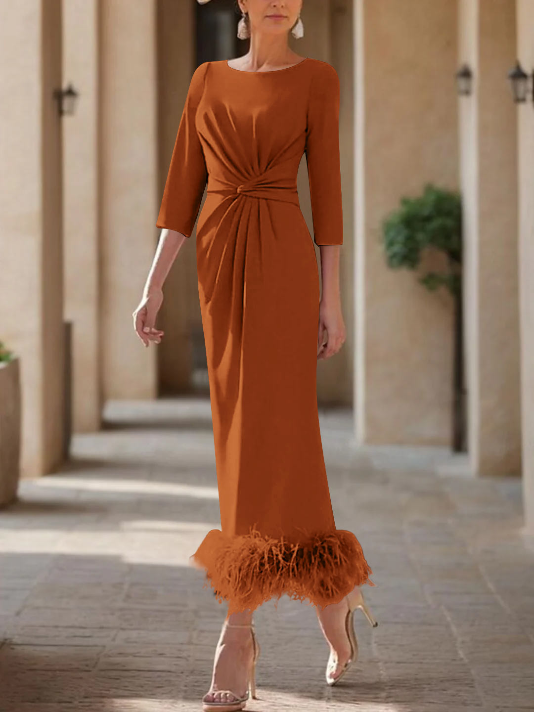 Elegant Feather-Adorned Scoop Neck Ankle-Length Dress for Mothers of the Bride & Groom-BMbridal