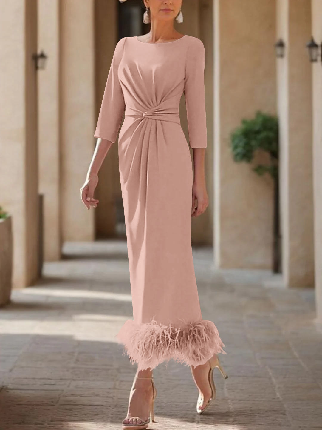 Elegant Feather-Adorned Scoop Neck Ankle-Length Dress for Mothers of the Bride & Groom-BMbridal
