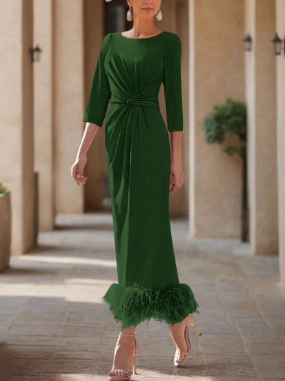 Elegant Feather-Adorned Scoop Neck Ankle-Length Dress for Mothers of the Bride & Groom-BMbridal