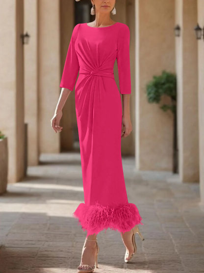 Elegant Feather-Adorned Scoop Neck Ankle-Length Dress for Mothers of the Bride & Groom-BMbridal