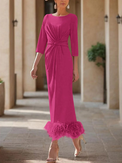 Elegant Feather-Adorned Scoop Neck Ankle-Length Dress for Mothers of the Bride & Groom-BMbridal