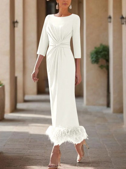 Elegant Feather-Adorned Scoop Neck Ankle-Length Dress for Mothers of the Bride & Groom-BMbridal