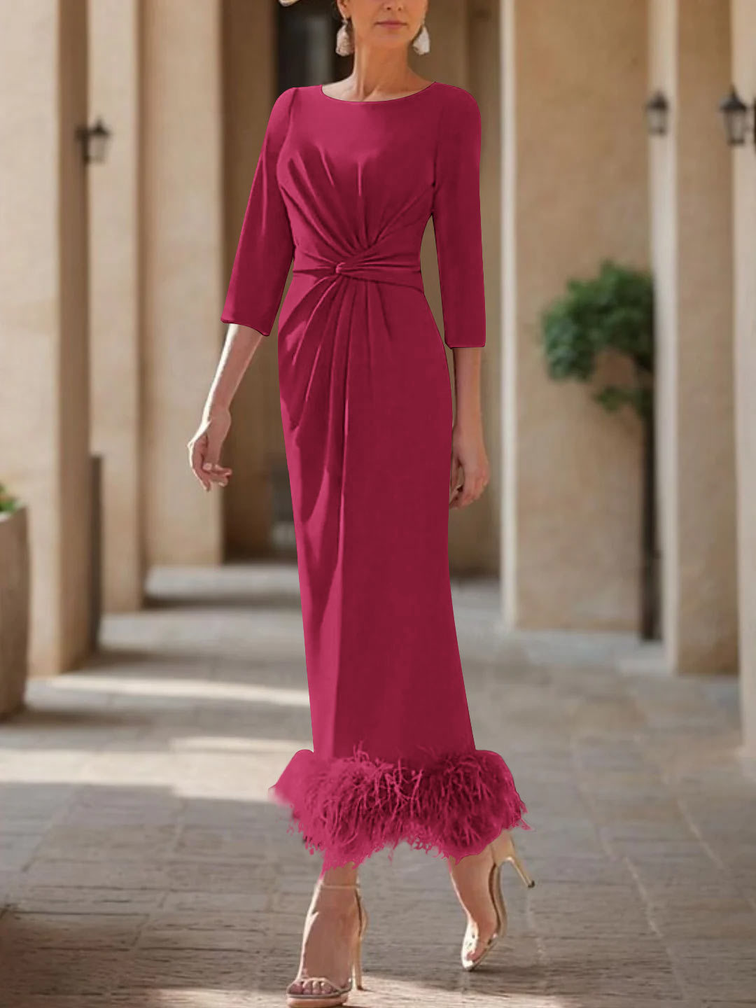 Elegant Feather-Adorned Scoop Neck Ankle-Length Dress for Mothers of the Bride & Groom-BMbridal