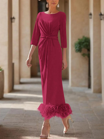 Elegant Feather-Adorned Scoop Neck Ankle-Length Dress for Mothers of the Bride & Groom-BMbridal
