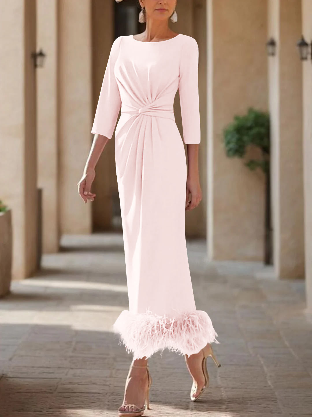 Elegant Feather-Adorned Scoop Neck Ankle-Length Dress for Mothers of the Bride & Groom-BMbridal