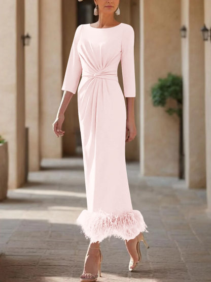 Elegant Feather-Adorned Scoop Neck Ankle-Length Dress for Mothers of the Bride & Groom-BMbridal