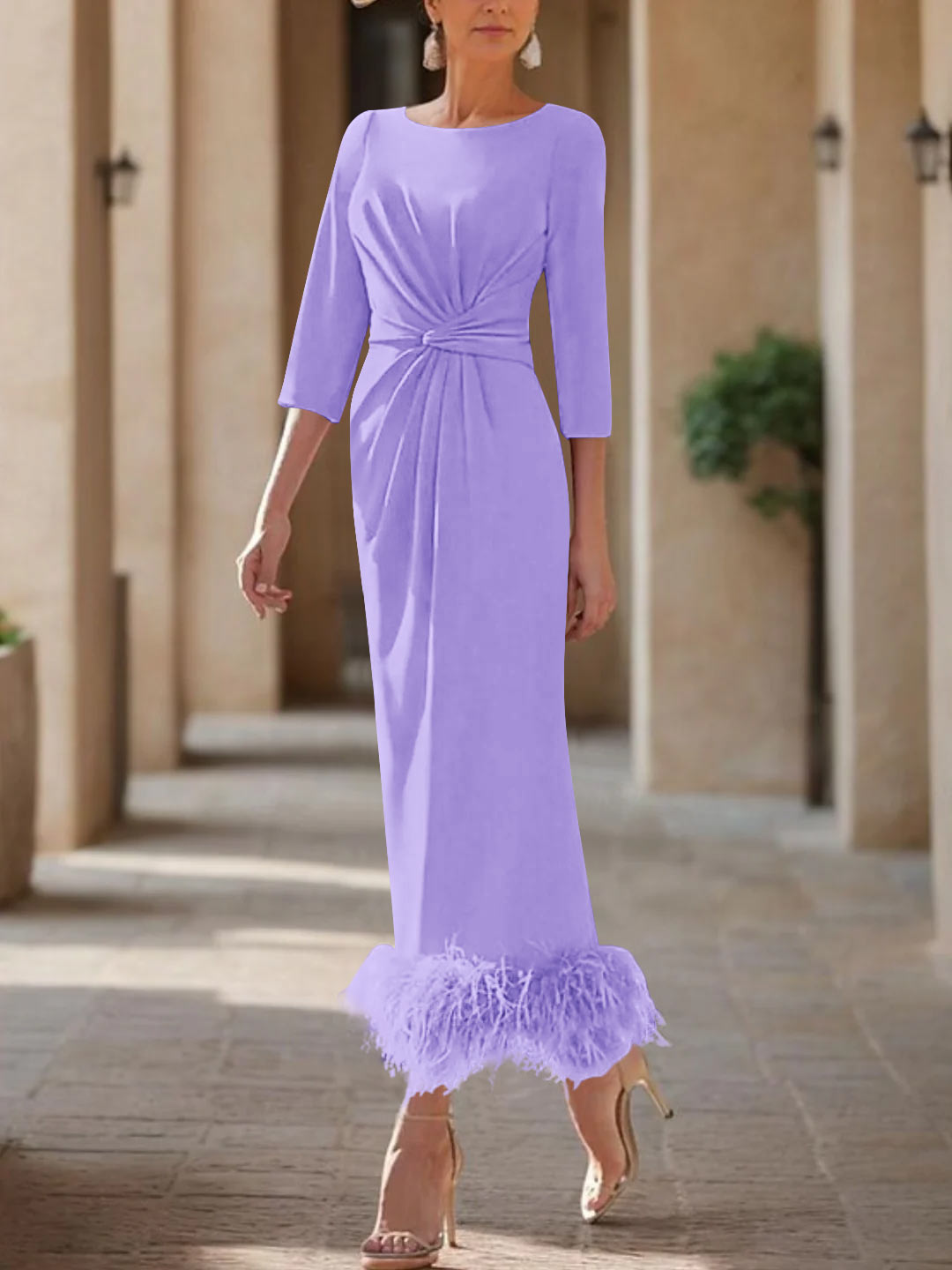 Elegant Feather-Adorned Scoop Neck Ankle-Length Dress for Mothers of the Bride & Groom-BMbridal