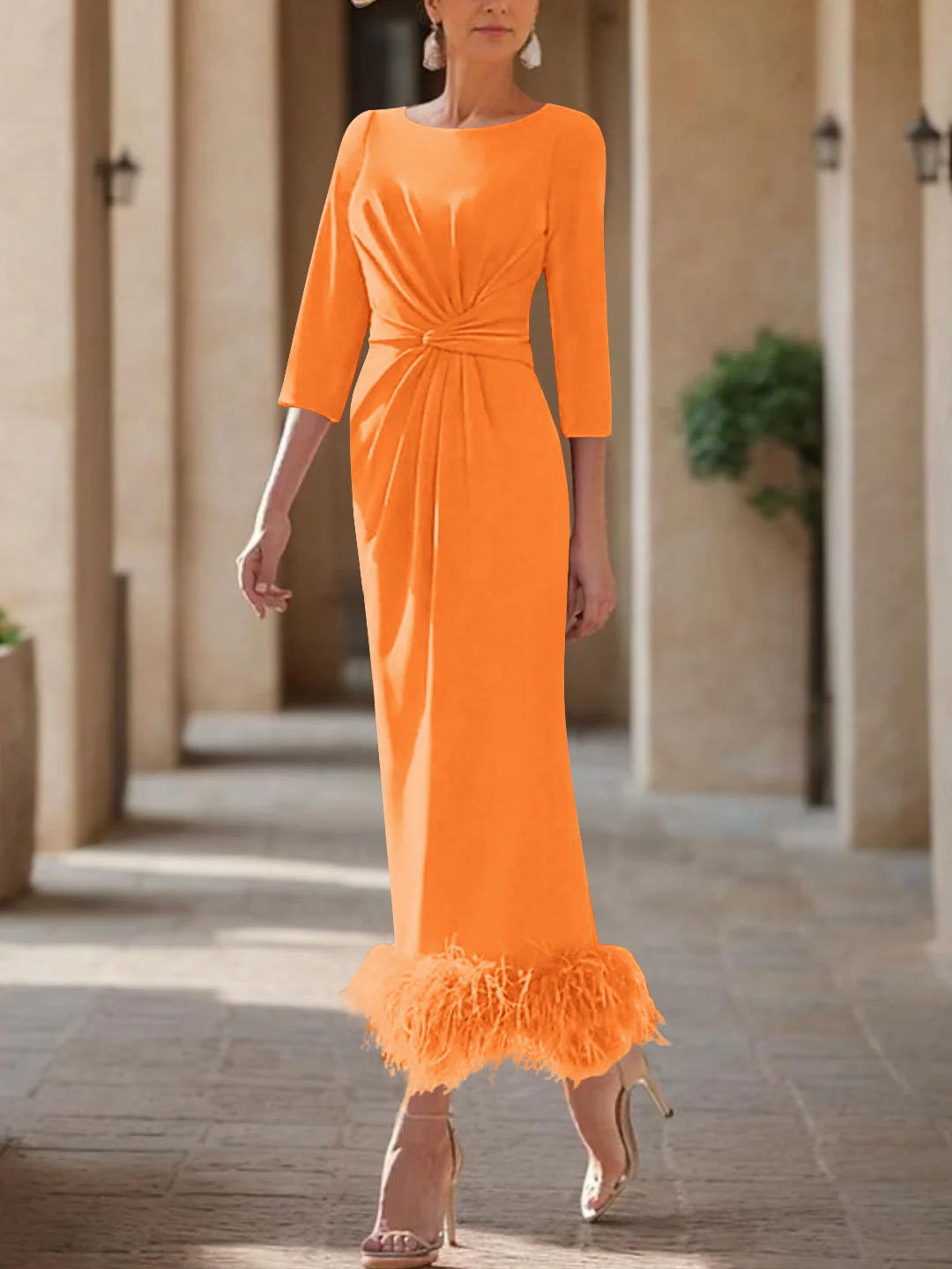 Elegant Feather-Adorned Scoop Neck Ankle-Length Dress for Mothers of the Bride & Groom-BMbridal