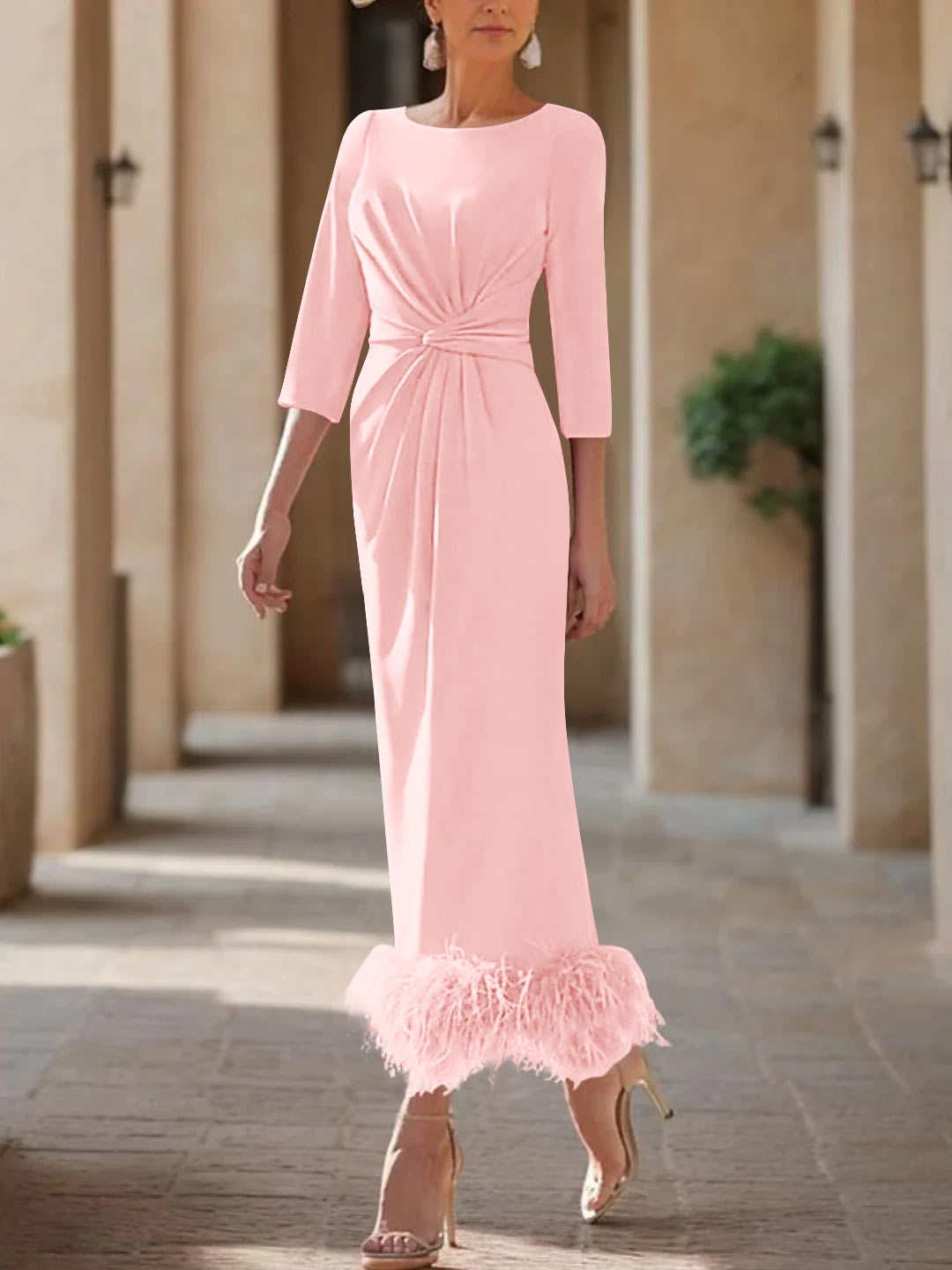 Elegant Feather-Adorned Scoop Neck Ankle-Length Dress for Mothers of the Bride & Groom-BMbridal