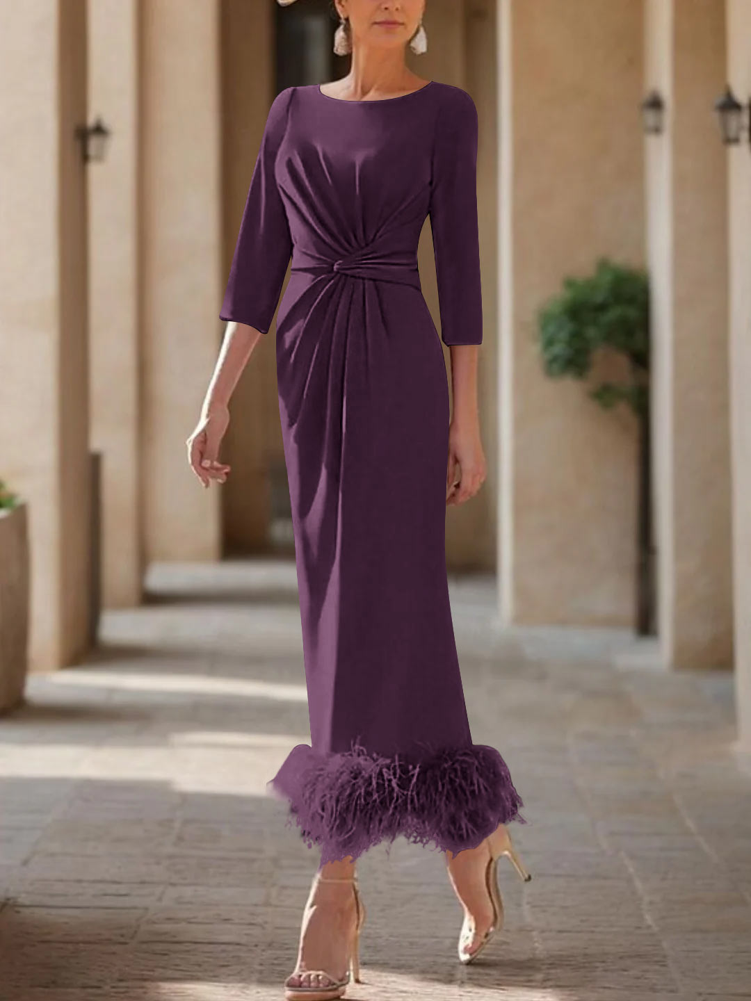 Elegant Feather-Adorned Scoop Neck Ankle-Length Dress for Mothers of the Bride & Groom-BMbridal
