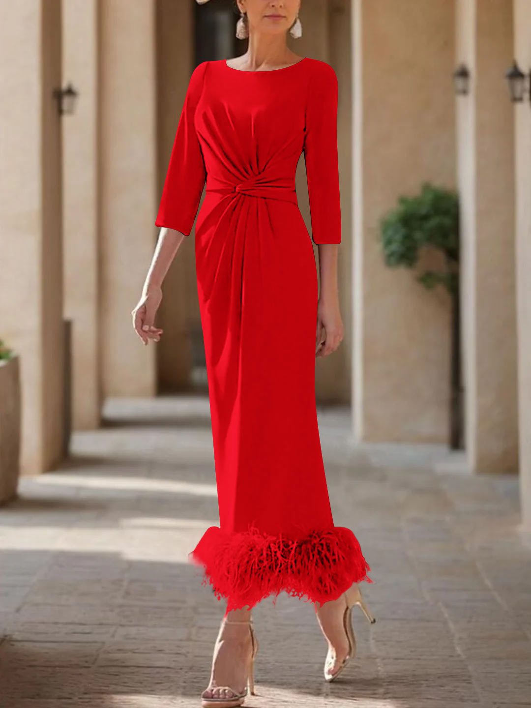 Elegant Feather-Adorned Scoop Neck Ankle-Length Dress for Mothers of the Bride & Groom-BMbridal