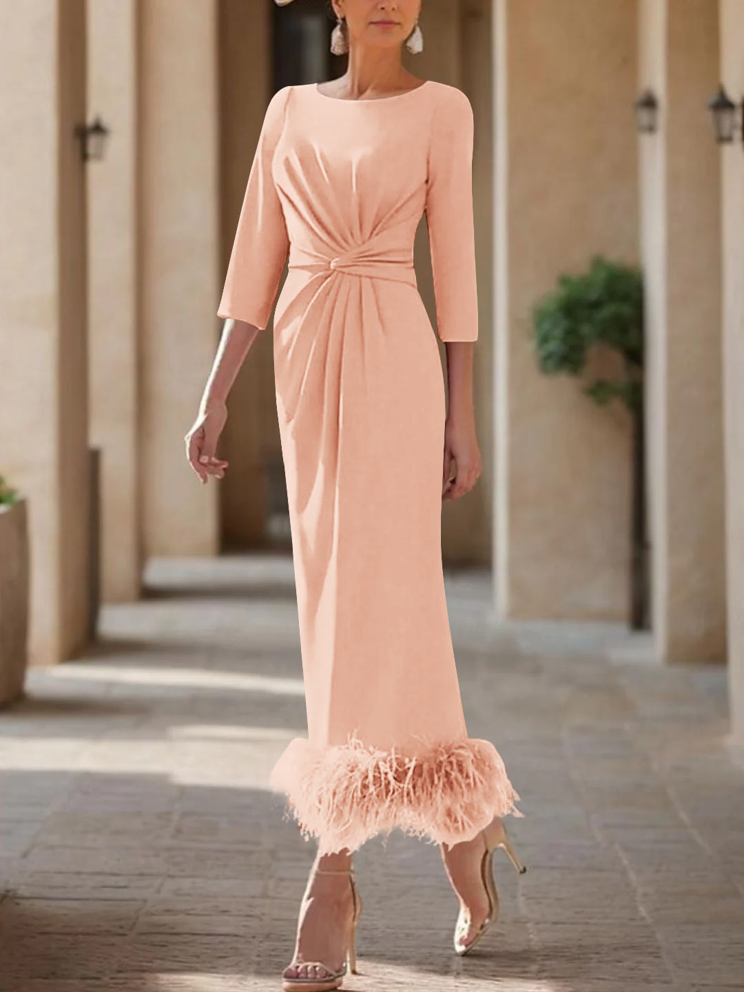 Elegant Feather-Adorned Scoop Neck Ankle-Length Dress for Mothers of the Bride & Groom-BMbridal